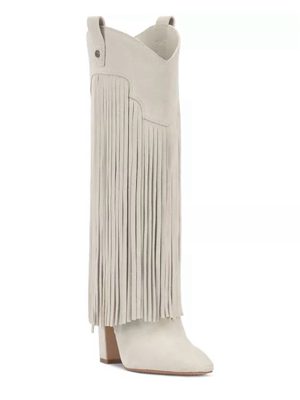 Vince Camuto White Suede Knee-High Fringe Block Heel Boot